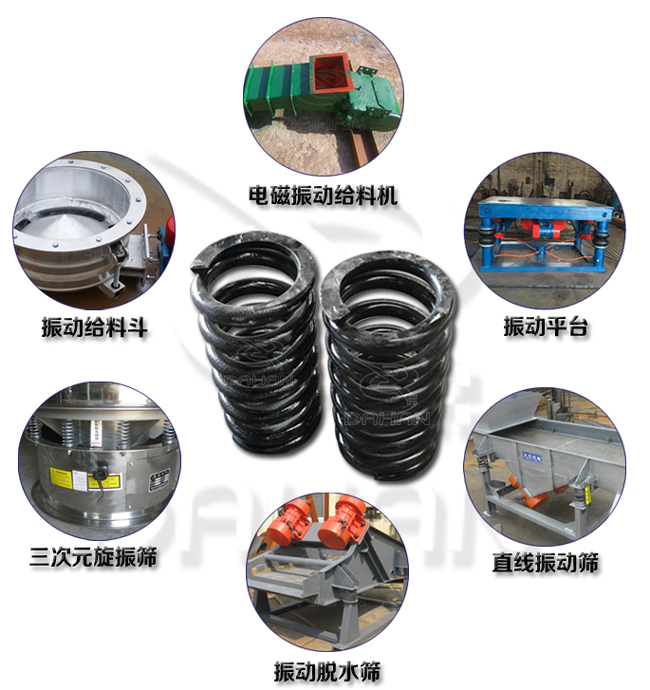 旋振篩減震彈簧適用產(chǎn)品：振動(dòng)給料機(jī)，電磁振動(dòng)給料機(jī)，振動(dòng)平臺(tái)，直線振動(dòng)篩，振動(dòng)脫水篩，三次元旋振篩。