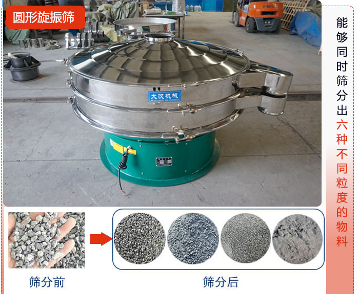圓形旋振篩能夠同時篩出6種不同顆粒的物料。