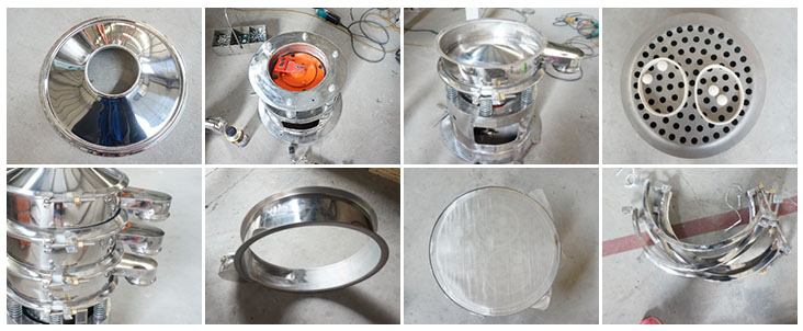 不銹鋼振動篩結(jié)構(gòu)展示：防塵蓋，出料口，閘門，篩網(wǎng)于彈跳球，底座，振動彈簧等。