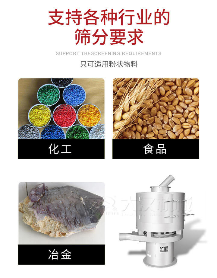 氣流篩用于礦粉，石墨粉，活性納米碳酸鈣，鋁灰，大豆粉，碳酸重鈣，石墨粉，木粉，干草，重金石粉，藥粉末，橡膠顆粒，草酸鹽，干料粉，木粉，聚酯粉，干粉，塑料，金屬粉末，橡膠粉，粉煤灰，石墨粉，陶瓷粉，鋅粉，石英粉，石灰粉，鐵粉，金屬硅粉等。