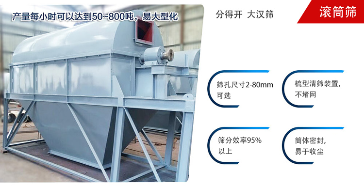 滾筒篩分開放式,封閉式兩種選擇無塵篩分。無軸滾筒：適用生活垃圾等一些有一定纏繞性物料;有軸滾筒：適用石料，砂土等含水量較少的物料