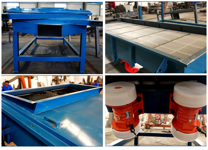 方形振動篩出料口，篩網(wǎng)和網(wǎng)架，進(jìn)料口，振動電機(jī)等細(xì)節(jié)展示。