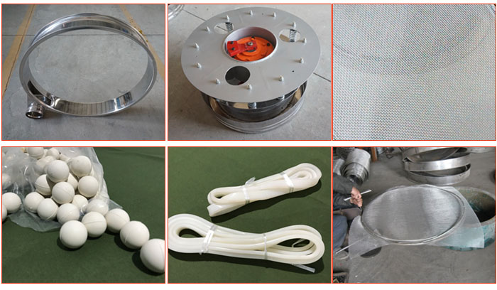 800型全不銹鋼振動篩配件有：振動篩篩框，電機，不銹鋼篩網(wǎng)等。