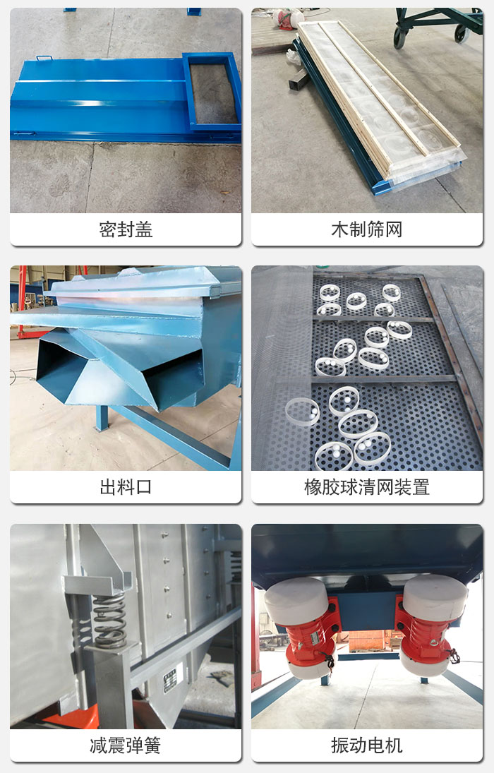 直線篩結構展示：篩網，篩箱，振動電機，振動電機座，減震彈簧，支架等部件展示圖