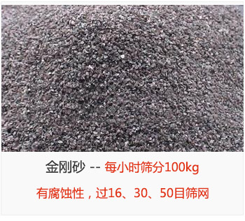 篩分金剛砂每小時(shí)100kg，有腐蝕性，過(guò)16、30、50目篩網(wǎng)