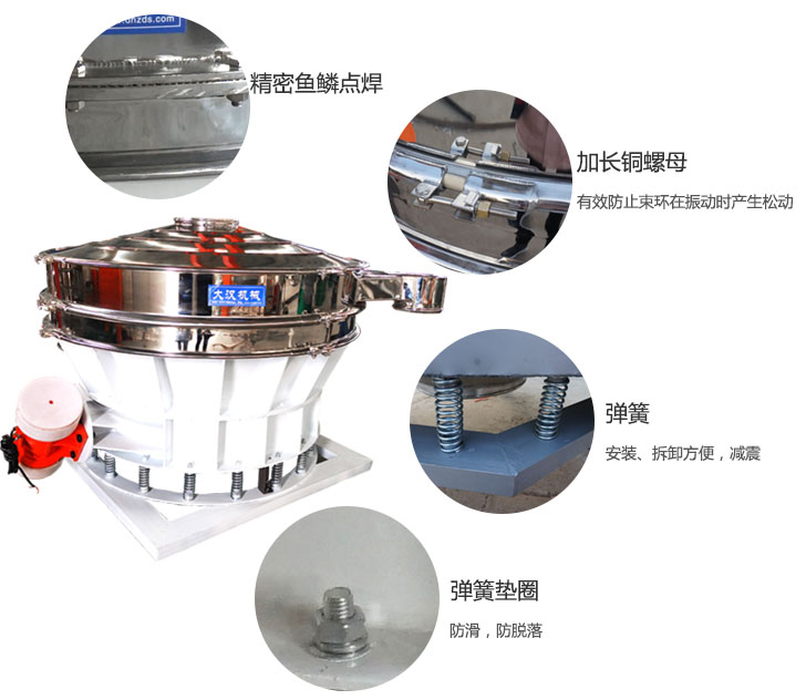 1500直排篩細(xì)節(jié)展示：彈簧，彈簧墊圈，加長(zhǎng)銅螺母。