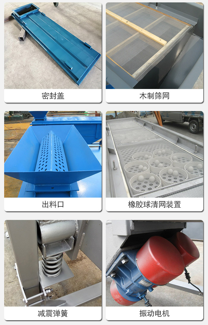 直線篩分機的結(jié)構(gòu)展示圖：篩箱是物料主要篩分設備之一，篩網(wǎng)用于篩分物料，振動電機幫助篩網(wǎng)篩分。