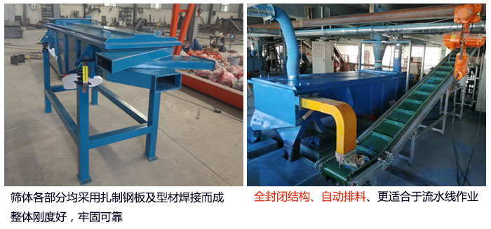 直線篩分機篩體各部分均采用扎制鋼板及型材焊接而成整體剛度好，牢固可靠；全封閉結(jié)構(gòu)、自動排料、更適合于流水線作業(yè)。