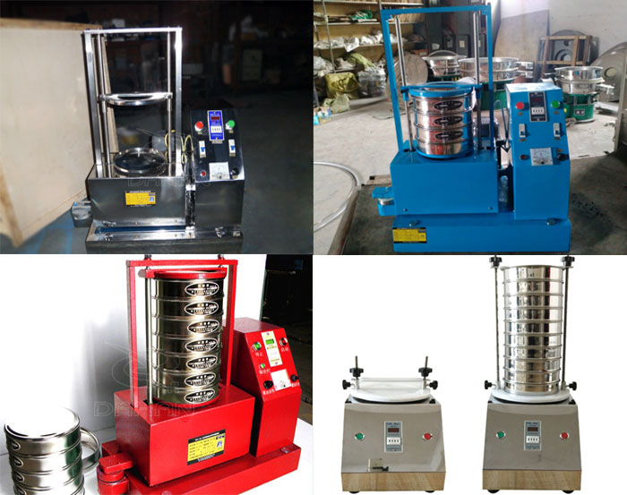 三種不同類(lèi)型的試驗(yàn)篩，區(qū)別控制臺(tái)在下部或在右側(cè)。材質(zhì)為不銹鋼和碳鋼兩種，碳鋼材質(zhì)做了噴漆有：紅色和藍(lán)色兩種。