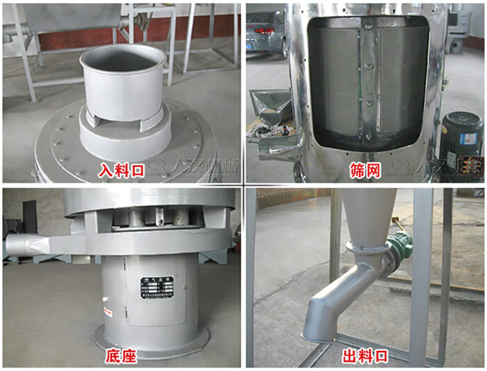 氣流篩部件展示：入料口，篩網(wǎng)，底座，出料口等。