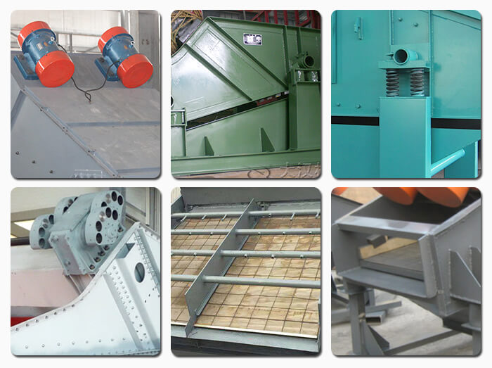 礦用振動篩主要由激振器、篩體、篩網(wǎng)、減振裝置及座架等組成。篩箱由篩框、篩板、襯板等組成