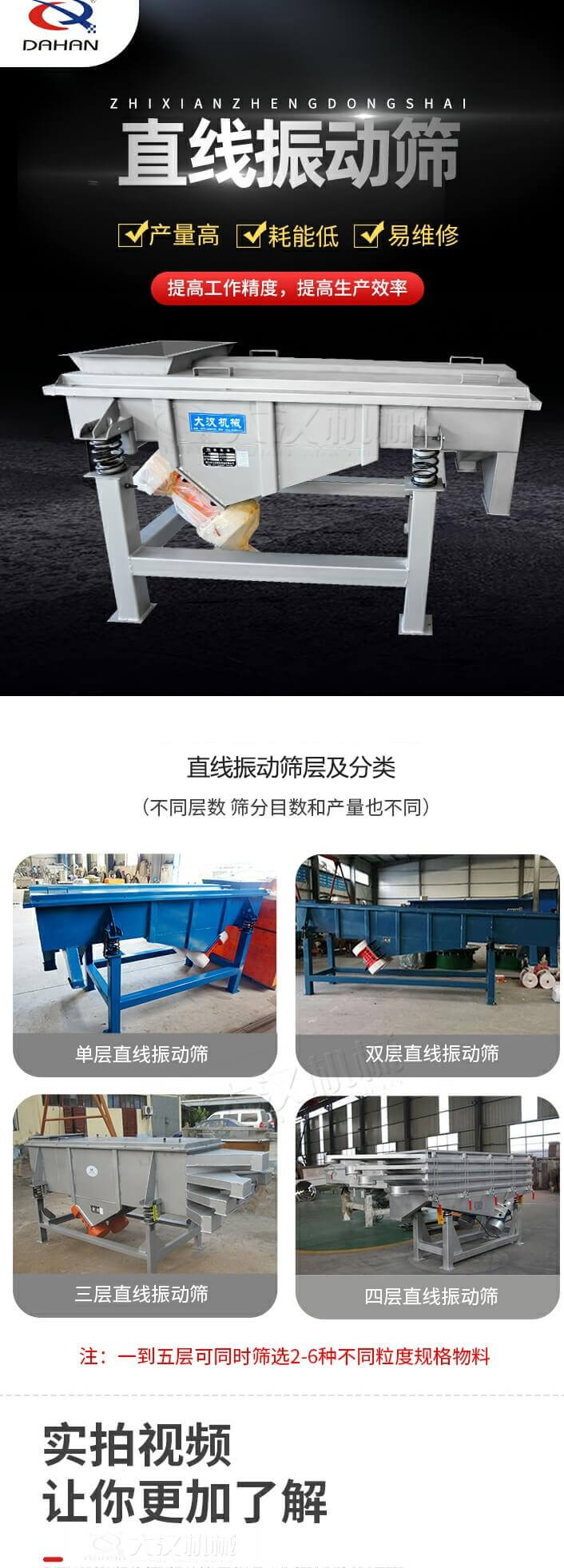直線振動篩概述，產(chǎn)量高，耗能低，易維修，提高工作精度，提高生產(chǎn)效率，直線振動篩層級分類：不同層數(shù)，篩分目數(shù)和產(chǎn)量也不同：單層，雙層，三層，四層等。