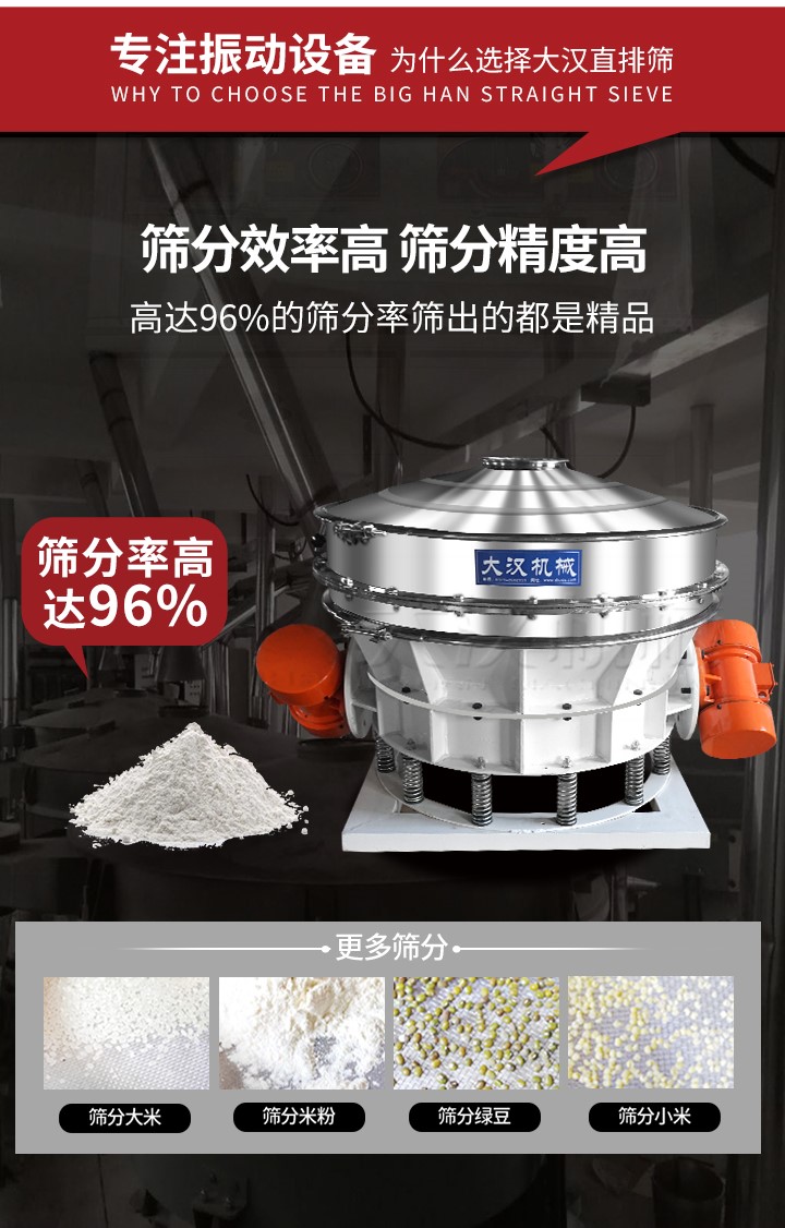 直排篩適用物料有面粉，淀粉，洗衣粉，金屬粉，添加劑，化工，非礦等行業(yè)。