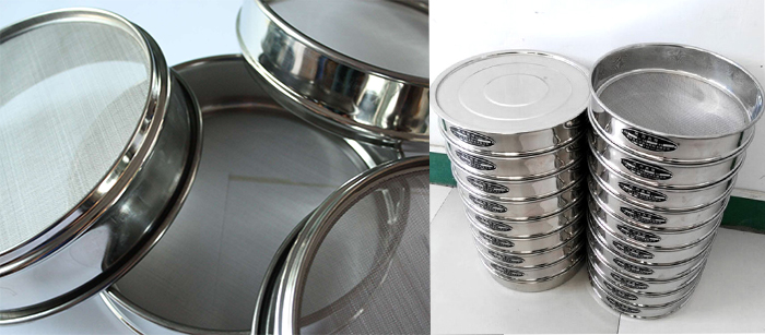 標(biāo)準(zhǔn)土壤篩，篩框與篩網(wǎng)展示圖。