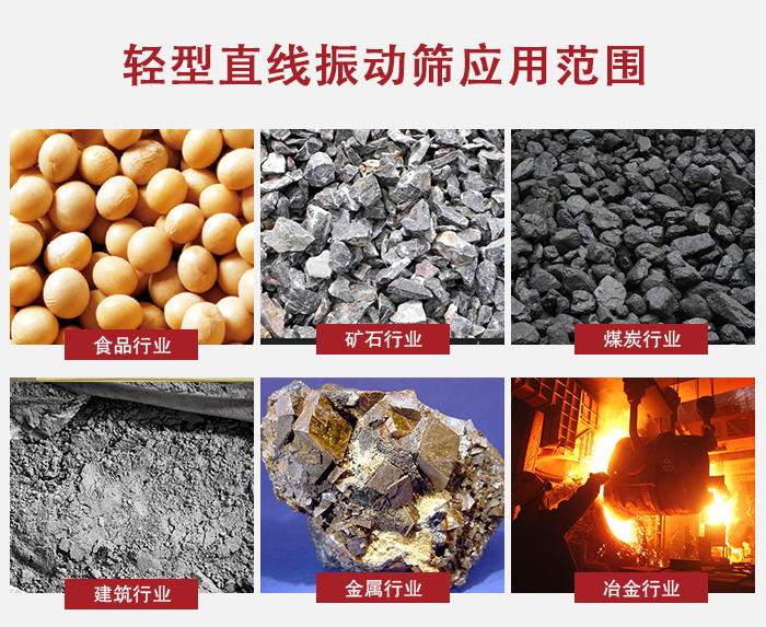 輕型直線振動篩應(yīng)用范圍較廣多使用與顆粒狀，粉狀以及其它重型行業(yè)的輸送。