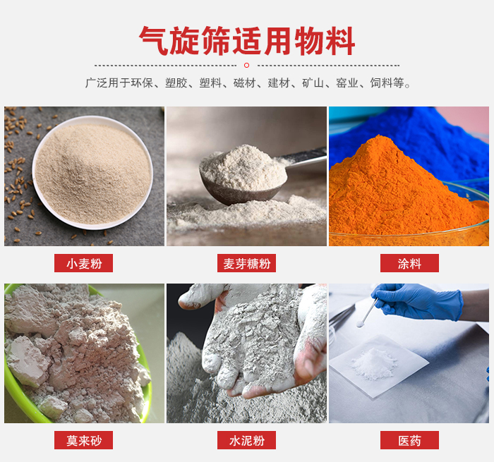 氣旋篩適用物料：小麥粉，麥芽糖粉，涂料，等粉狀物料。