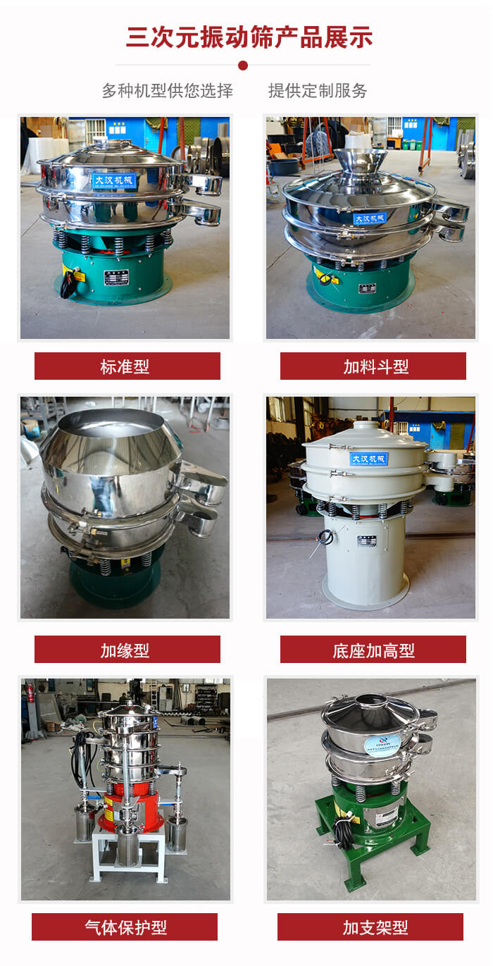 三次元振動(dòng)篩不同結(jié)構(gòu)展示：標(biāo)準(zhǔn)型，加料斗型，加緣型，底座加高型，氣體保護(hù)型，加支架型。