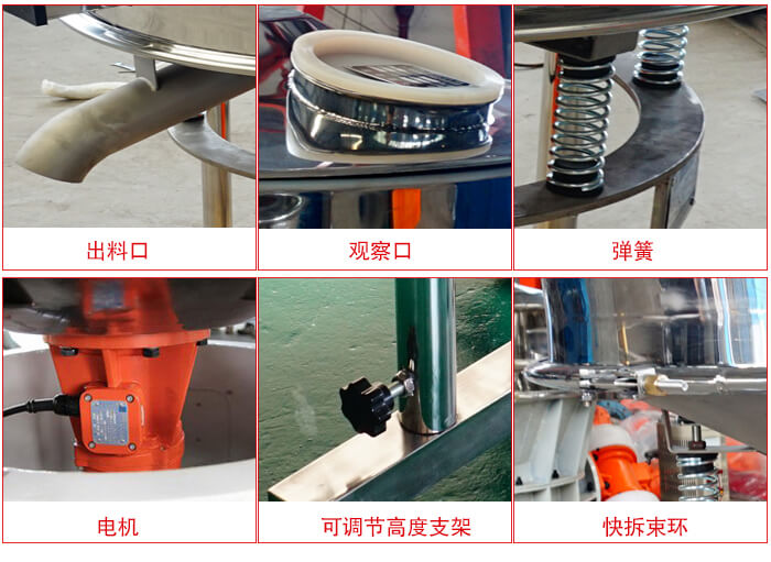 高頻篩細(xì)節(jié)展示：出料口，觀察口，彈簧，電機(jī)，可調(diào)節(jié)高度支架，快拆束環(huán)。