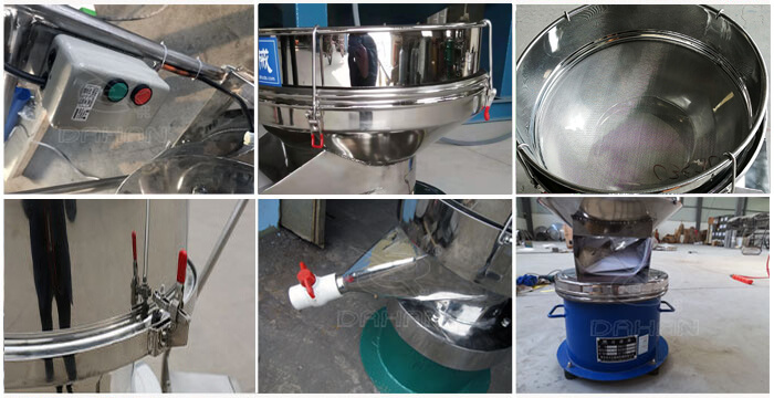 過濾篩細節(jié)展示：控制開關(guān)，篩框，出料口閥門，底座等